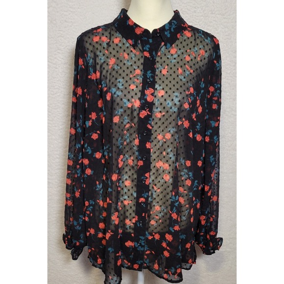 Lane Bryant Tops - Lane Bryant Floral Blouse Size 18-20 Black Long Sleeve Sheer Button Boho 1180